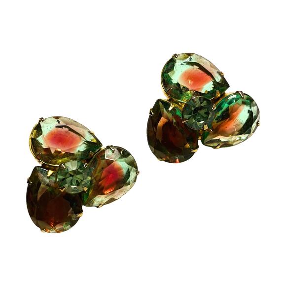Vintage mid century clip on earrings watermelon green pink glass stones on gold - Picture 1 of 8